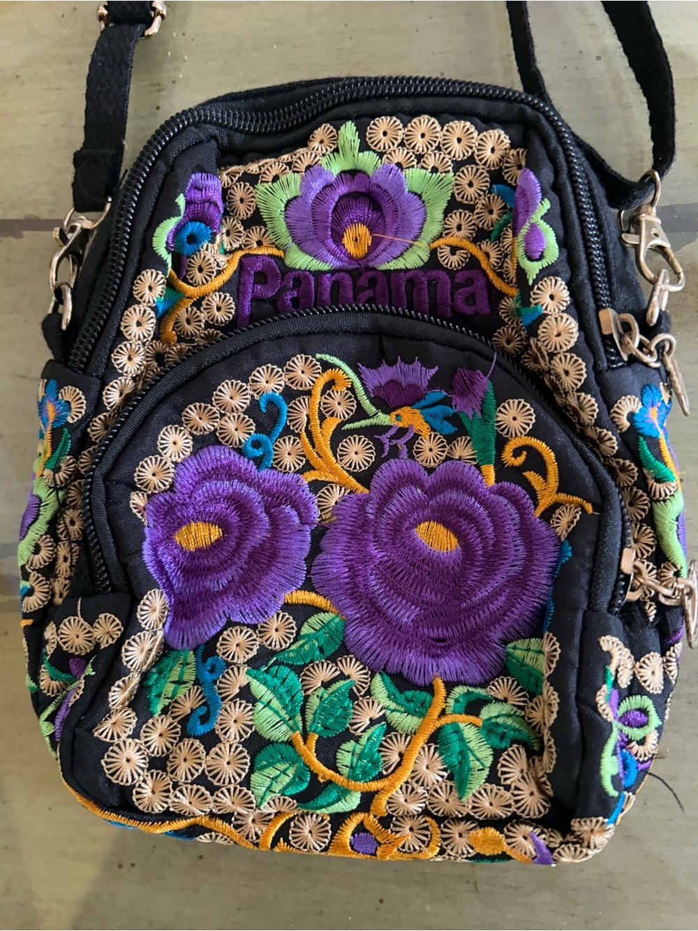 Black Crossbody Bag with Purple Floral Embroidery